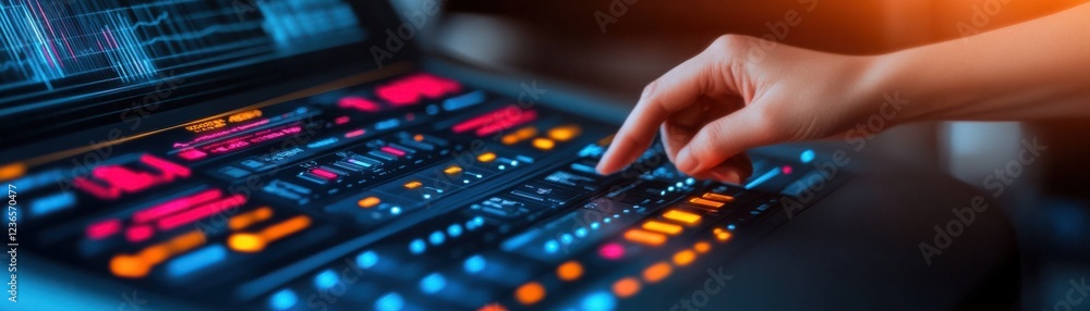 Aufkleber close-up of a hand interacting with a modern touchscreen control panel in a stylish, futuristic envi