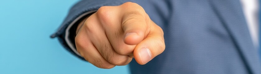 Obraz premium Hand gesture of a businessman pointing directly at the viewer, symbolizing authority, engagement, and communication in a professional setting