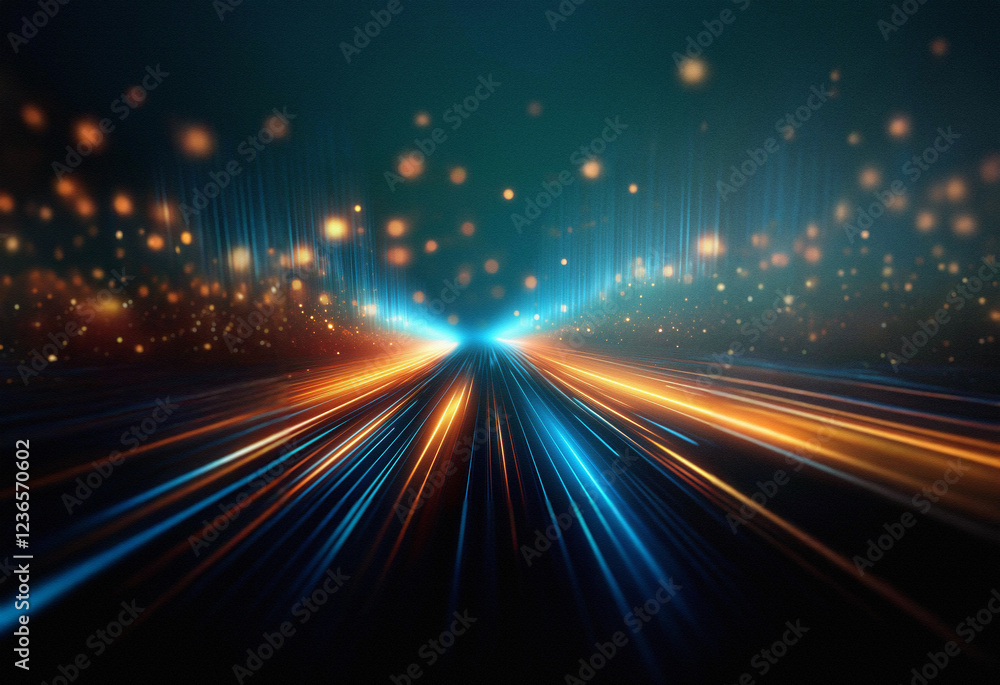Poster Abstract sci-fi double exposure image.  A vibrant, dynamic background features streaks of light converging towards the viewer, resembling a futuristic highway or energy stream.  Golden bokeh adds dept