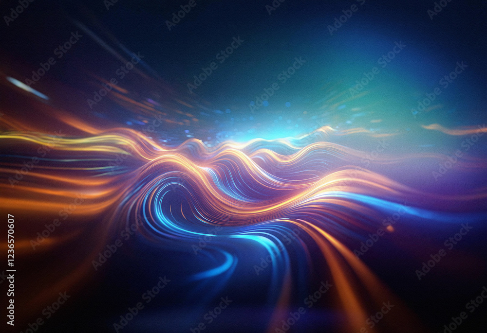 Poster Abstract sci-fi landscape created with a double exposure technique. Glowing, wavy lines of light flow across a dark background, creating a sense of depth and movement.