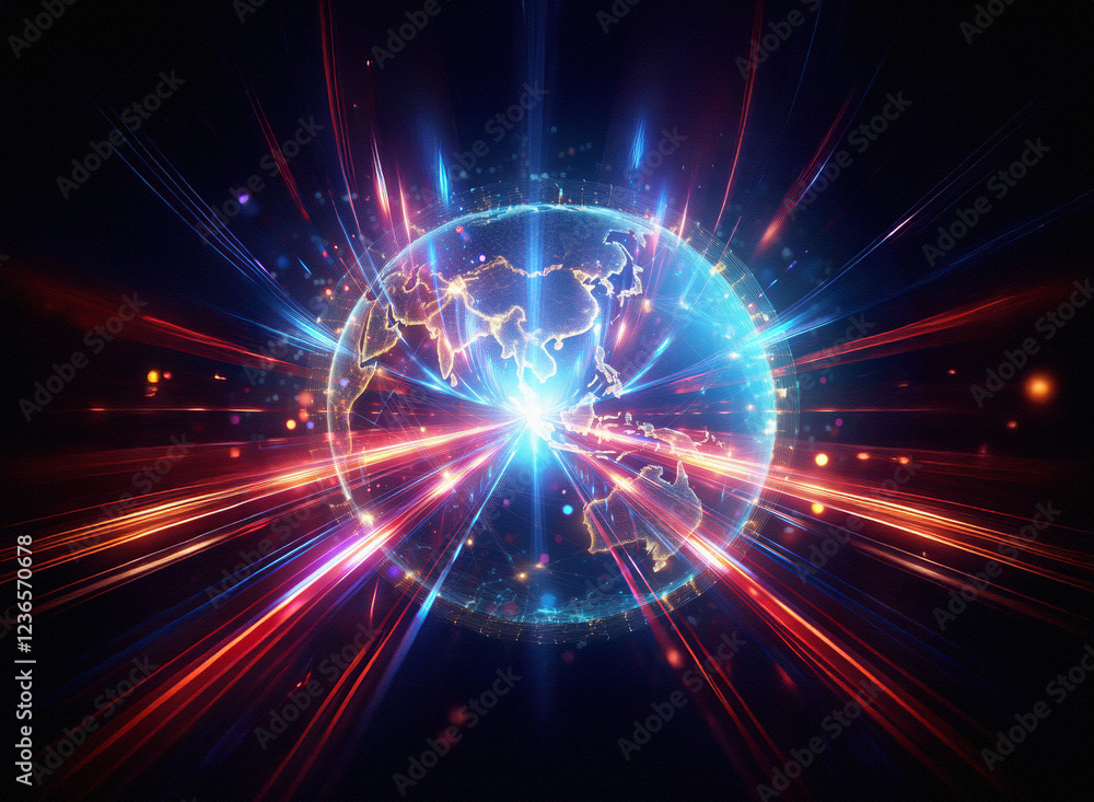 Poster abstract sci-fi double exposure image of a glowing planet earth with radiating light streaks against