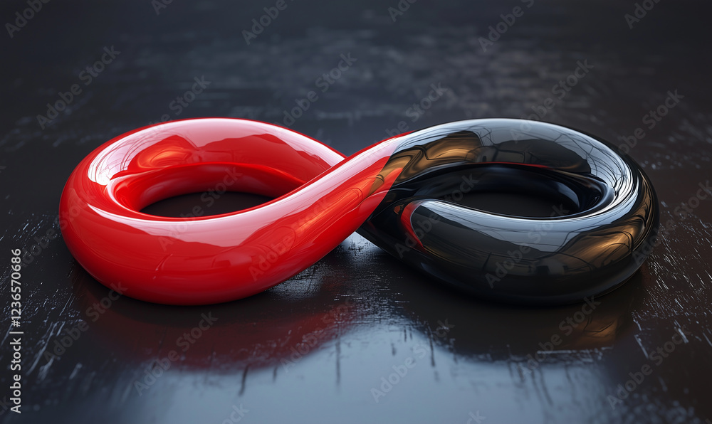 Poster an abstract infinity symbol made of glossy red and black loops on a dark background.