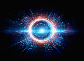 Abstract sci-fi background featuring a double exposure of a glowing circular energy field.  Bright blue and orange hues radiate outward against a dark backdrop.
