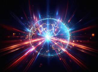 Obraz premium Abstract sci-fi double exposure image of a glowing planet Earth with radiating light streaks against a dark background. The vibrant colors create a futuristic feel.