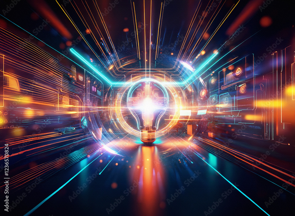Poster Abstract sci-fi double exposure image. Glowing lightbulb at center, surrounded by vibrant, futuristic energy streams and technological background elements.