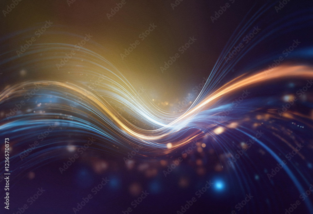 Poster Abstract sci-fi background featuring a double exposure effect.  Glowing, wavy lines of blue and orange light flow across a dark, particle-filled space.