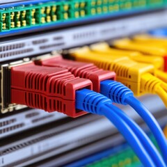 Close-up View of Colorful Ethernet Cables Plugged into a Network Switch in a Data Center Setting for IT Infrastructure Networking Purpose