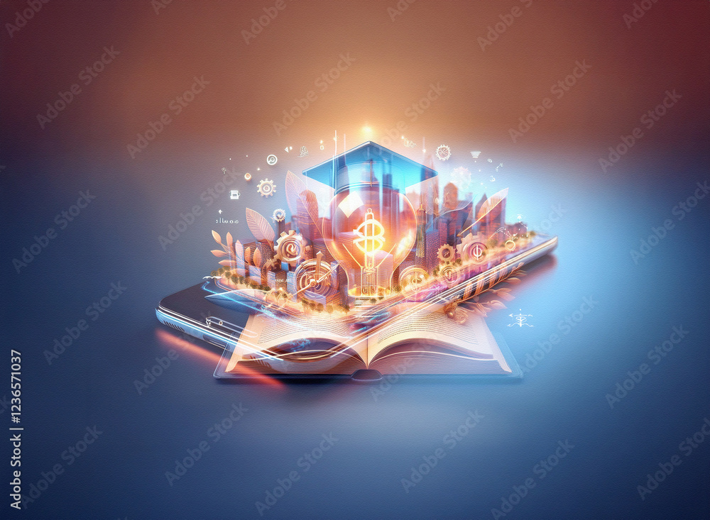 Aufkleber abstract sci-fi double exposure image depicts a glowing cityscape emerging from an open book resting