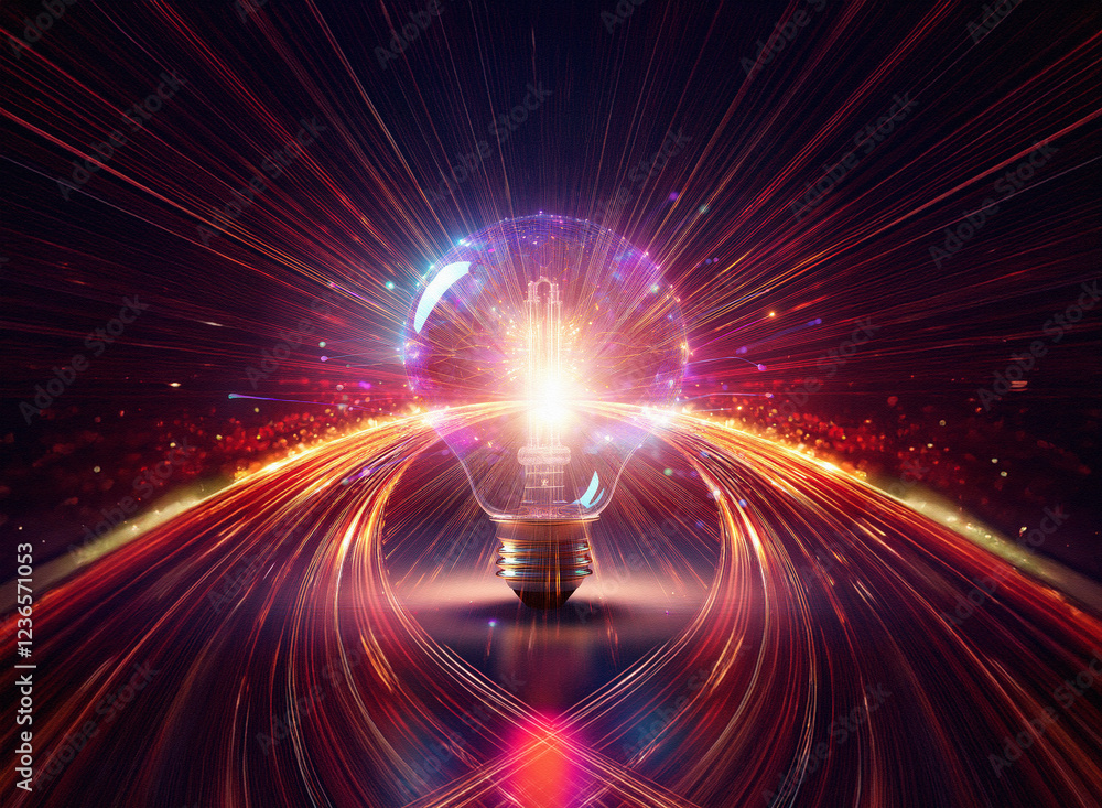 Poster abstract sci-fi double exposure image of a glowing lightbulb on a vibrant, curved path. the backgrou