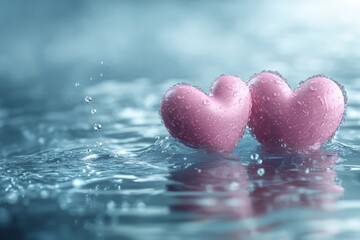 Two Pink Hearts Gently Float On Water, Creating A Serene And Romantic Scene.