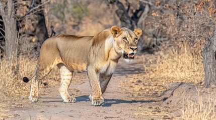 Obraz premium Majestic Lioness Strolling Through African Savanna