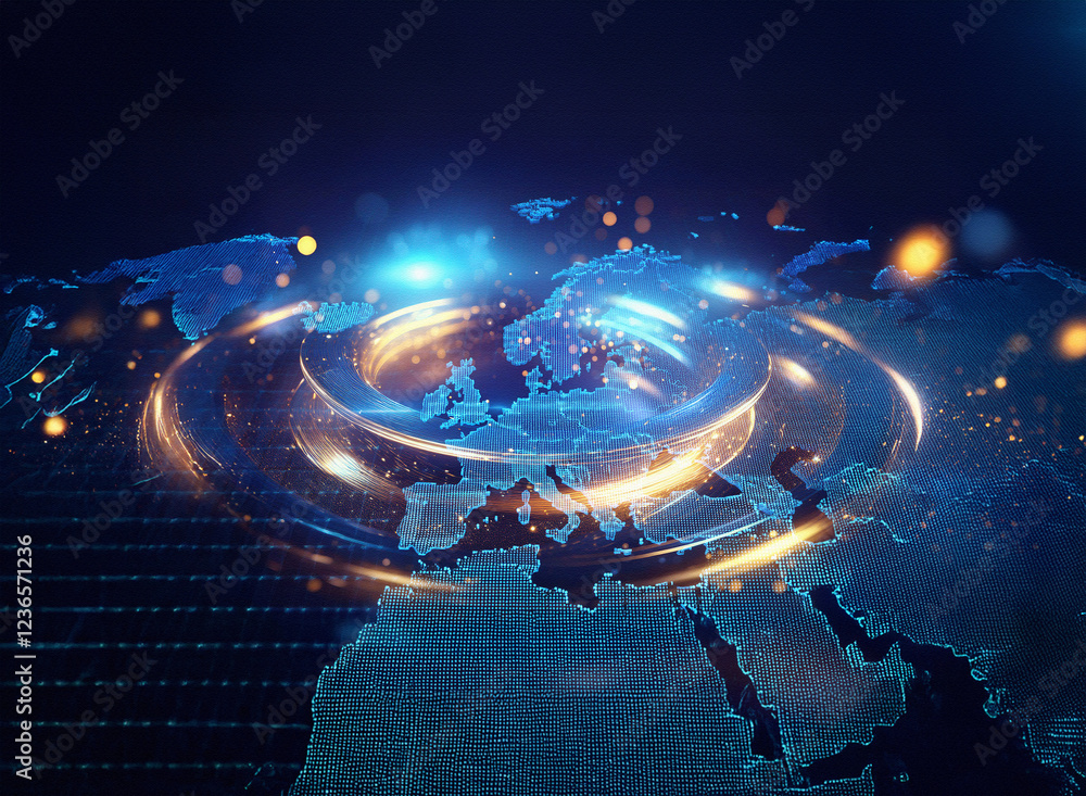 Poster Abstract sci-fi double exposure image depicting a glowing, swirling energy field encompassing a world map against a dark background.  The effect creates a sense of global connectivity and technologica