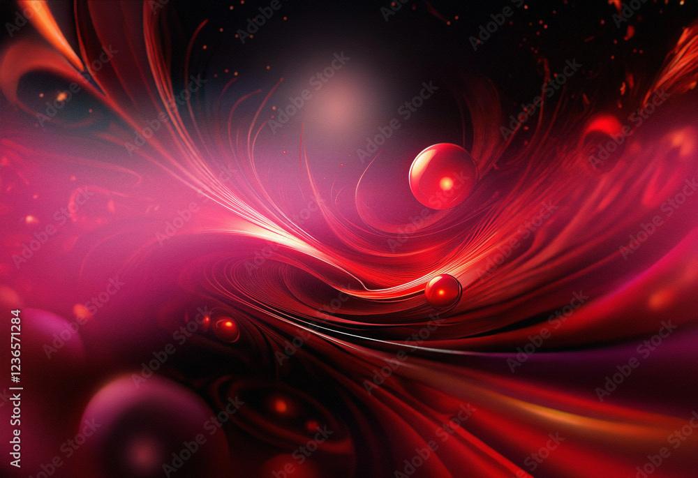 Aufkleber Abstract sci-fi background created with a double exposure effect. Swirling red and pink forms create a dynamic, otherworldly scene with glowing spheres.