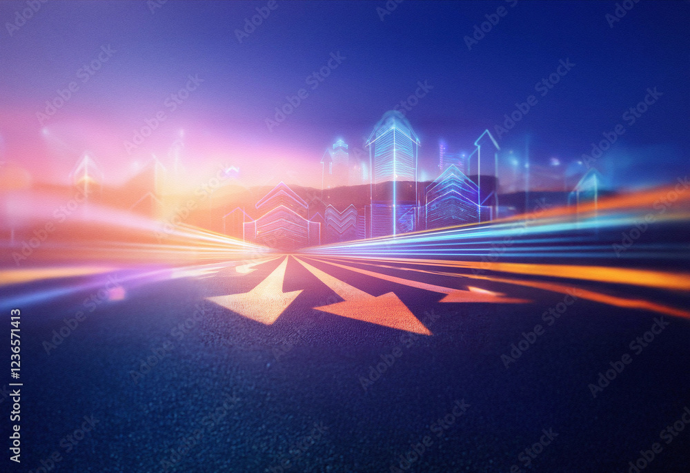 Poster abstract sci-fi double exposure image. a vibrant road stretches into a futuristic cityscape at sunse