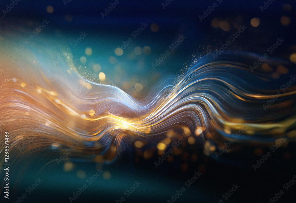 Poster Abstract sci-fi background featuring a double exposure of swirling, luminous gold and teal waves, creating a dreamy, otherworldly effect.  Sparkling particles add depth.