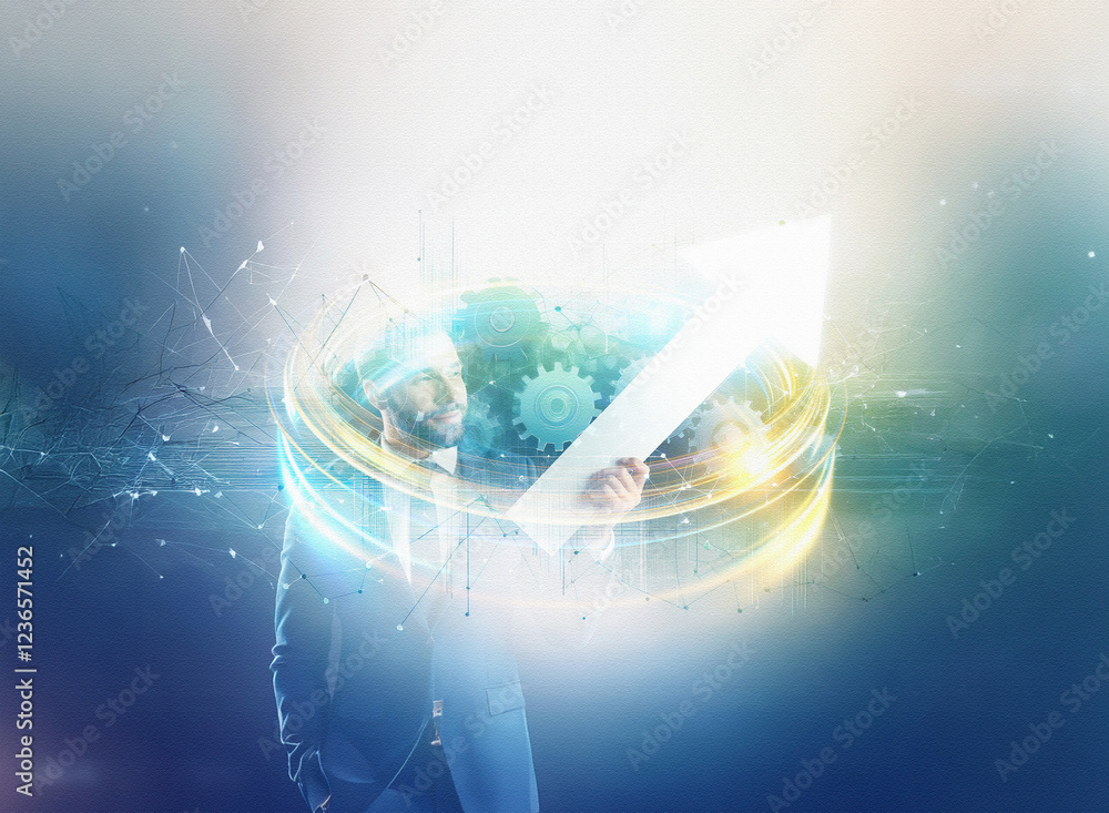 Aufkleber Abstract sci-fi double exposure image. A figure in a suit holds a glowing arrow against a background of gears and network connections.  The effect is futuristic and dynamic.
