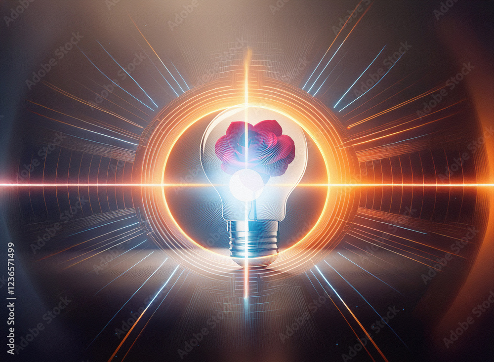 Poster Abstract sci-fi double exposure image of a lightbulb containing a flower, set against a futuristic background with glowing lines and concentric circles.