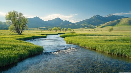 Fototapeta premium Scenic view of a tranquil stream flowing through lush green fields with majestic mountains in the background during a clear sunny day