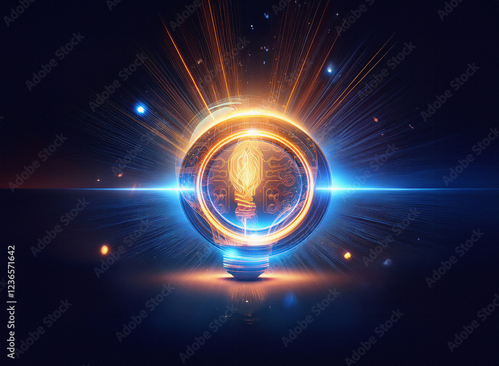 Poster abstract sci-fi double exposure image of a glowing lightbulb, radiating energy against a dark backgr