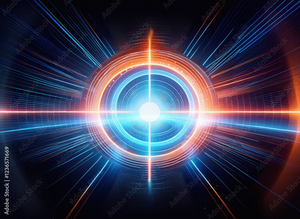 Poster abstract sci-fi background image featuring a double exposure effect. glowing concentric circles and 