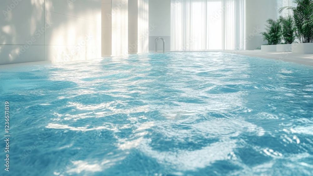 Poster serene blue water pool with gentle splashes in an elegant, calming setting illuminated by soft light