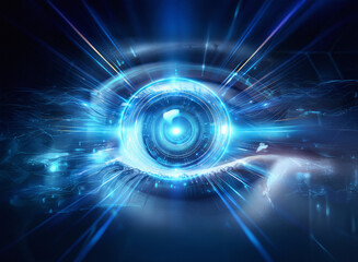 Obraz premium Abstract sci-fi double exposure image of a glowing blue eye, radiating light and energy against a dark background. Digital art with futuristic elements.