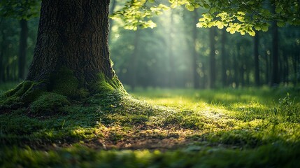 Sunlit forest floor, mossy tree trunk, nature background, peaceful scene