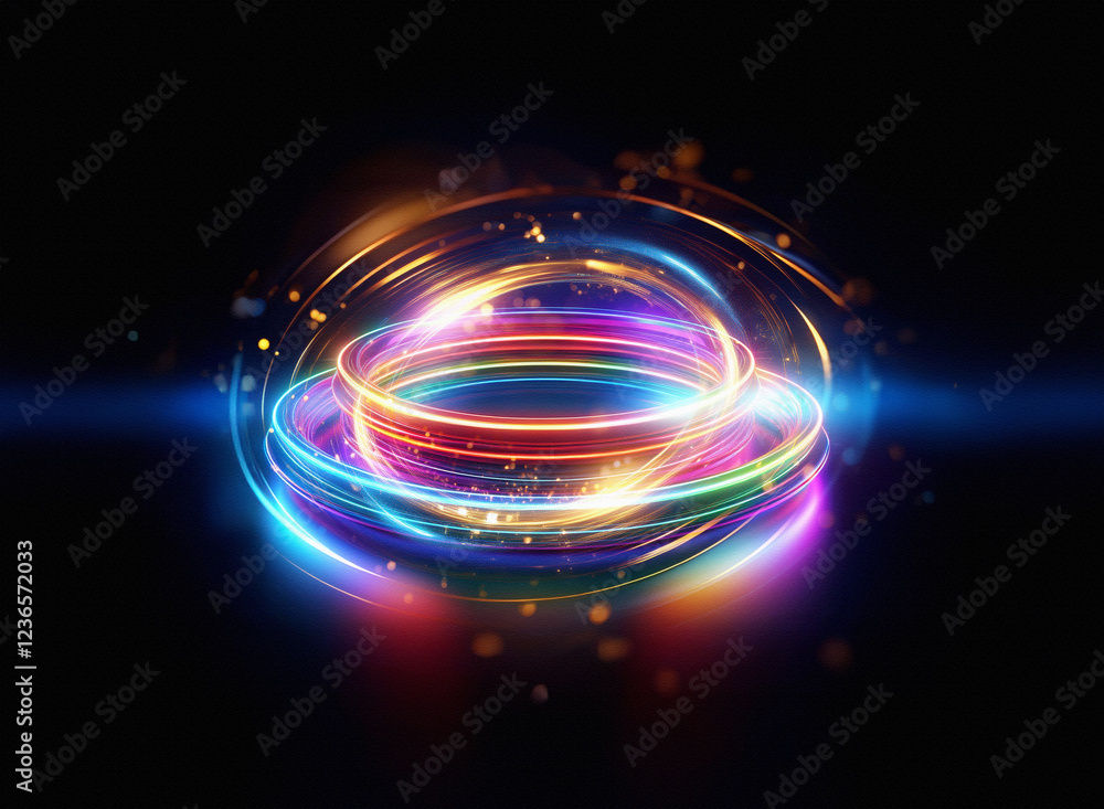 Poster Abstract sci-fi double exposure image.  Vibrant, glowing rings swirl against a dark background, creating a mesmerizing, futuristic effect.  Sparkling particles add depth.