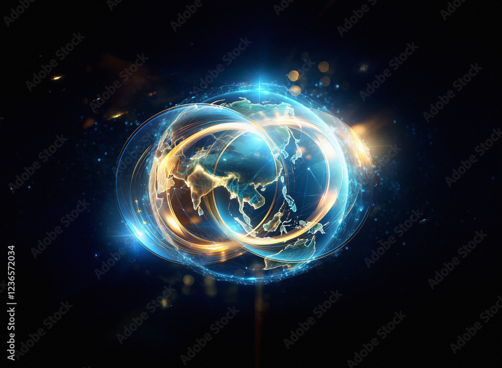 Poster Abstract sci-fi double exposure image depicting a glowing, ethereal planet within concentric rings against a dark background.  Intricate details and energy bursts add to the otherworldly feel.