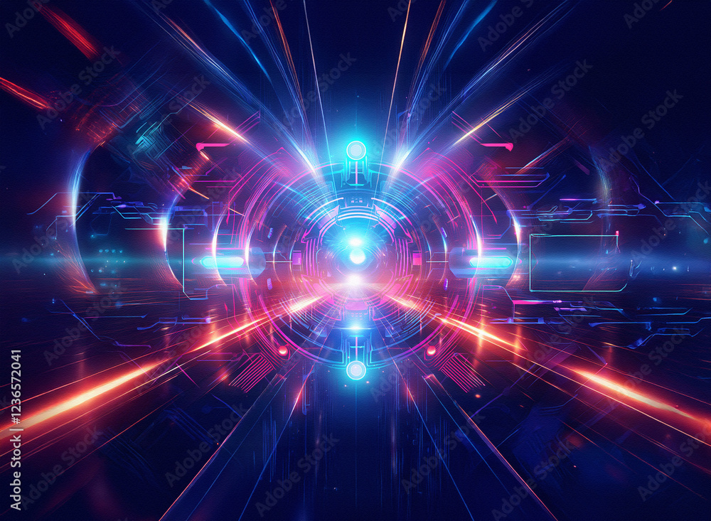 Poster Abstract sci-fi double exposure background image featuring vibrant, radiating lights and futuristic circuitry.  A sense of speed and energy is conveyed through dynamic lines and glowing colors.