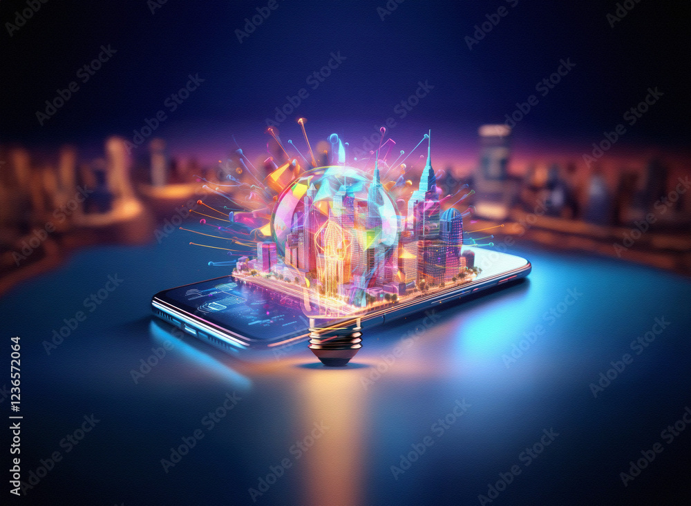 Poster Abstract sci-fi double exposure image of a city inside a lightbulb on a smartphone against a blurred cityscape background.  The scene is vibrant and futuristic.