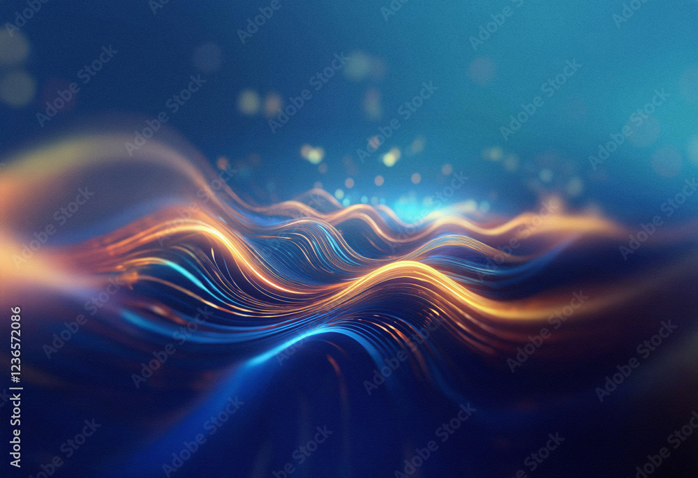 Poster Abstract sci-fi background featuring a double exposure effect. Glowing, wavy, colorful lines flow across a dark blue backdrop, creating a sense of depth and movement.  Sparkling particles add to the e