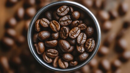 Fototapeta premium Close-Up of Brown Coffee Beans in Metal Bowl on Wooden Table Surrounded by Coffee Beans Showcasing Rich Texture and Natural Aroma