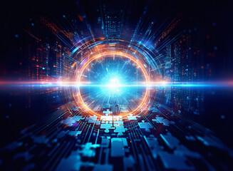 Abstract sci-fi double exposure image. Glowing circular portal with puzzle pieces on a dark, technological background.  Intricate energy streams radiate outwards.