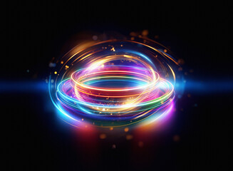 Obraz premium Abstract sci-fi double exposure image. Vibrant, glowing rings swirl against a dark background, creating a mesmerizing, futuristic effect. Sparkling particles add depth.