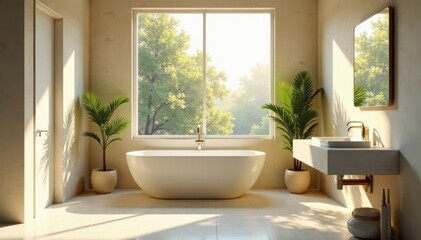 Sunlit bathroom panorama, freestanding tub & sink, white, bathtub