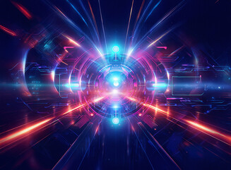 Abstract sci-fi double exposure background image featuring vibrant, radiating lights and futuristic circuitry.  A sense of speed and energy is conveyed through dynamic lines and glowing colors.
