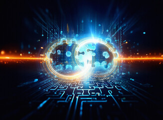 Obraz premium Abstract sci-fi double exposure image. Glowing rings of interconnected puzzle pieces on a circuit board background. Bright energy flows between them.