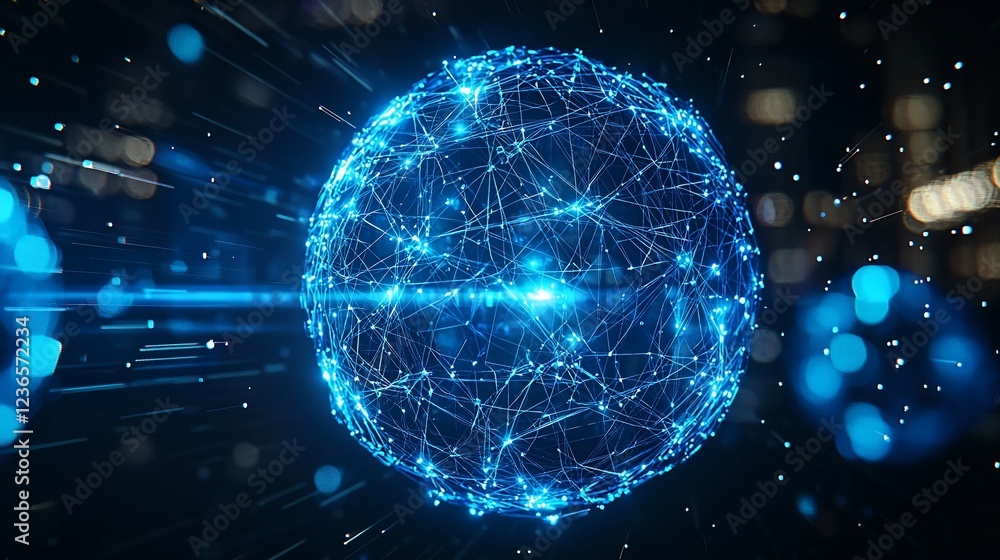 Poster glowing blue sphere with network connections in dark space.