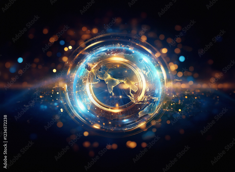 Poster abstract sci-fi double exposure image. glowing orb resembling earth, encircled by rings of light, se