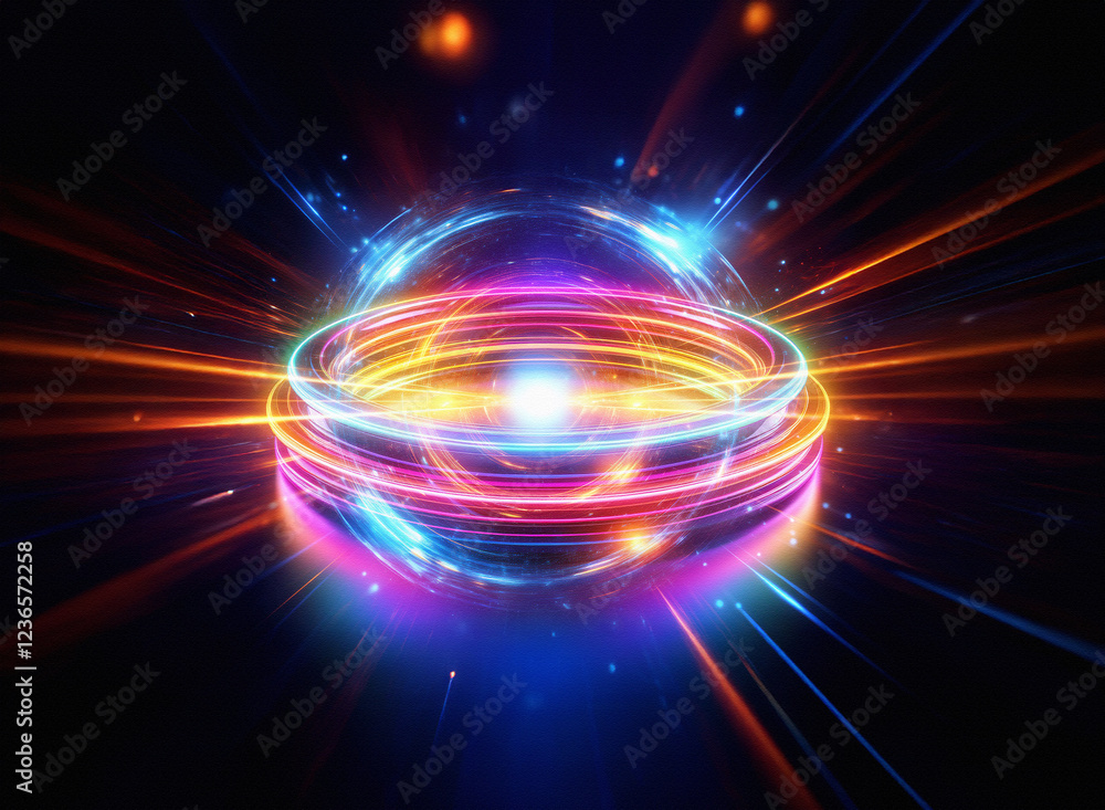 Poster abstract sci-fi double exposure artwork. glowing sphere with vibrant rings and light streaks on a da
