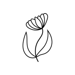 Minimalist abstract tulip line drawing. Simple black line drawing of a stylized tulip with curved petals and leaves. Vector illustration isolated on a white background