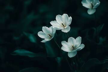 Beautiful white tulips elegantly arranged against a dark green background, creating a peaceful ambiance