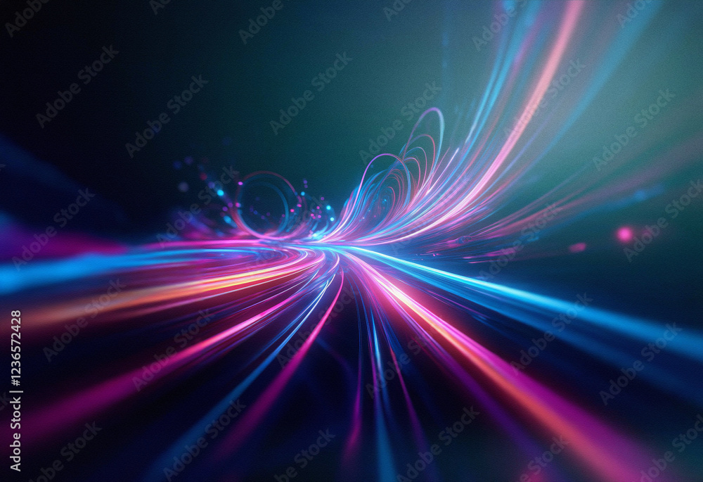Poster Abstract sci-fi background featuring a double exposure effect. Glowing streaks of light create a dynamic, swirling path through a dark, mysterious space.