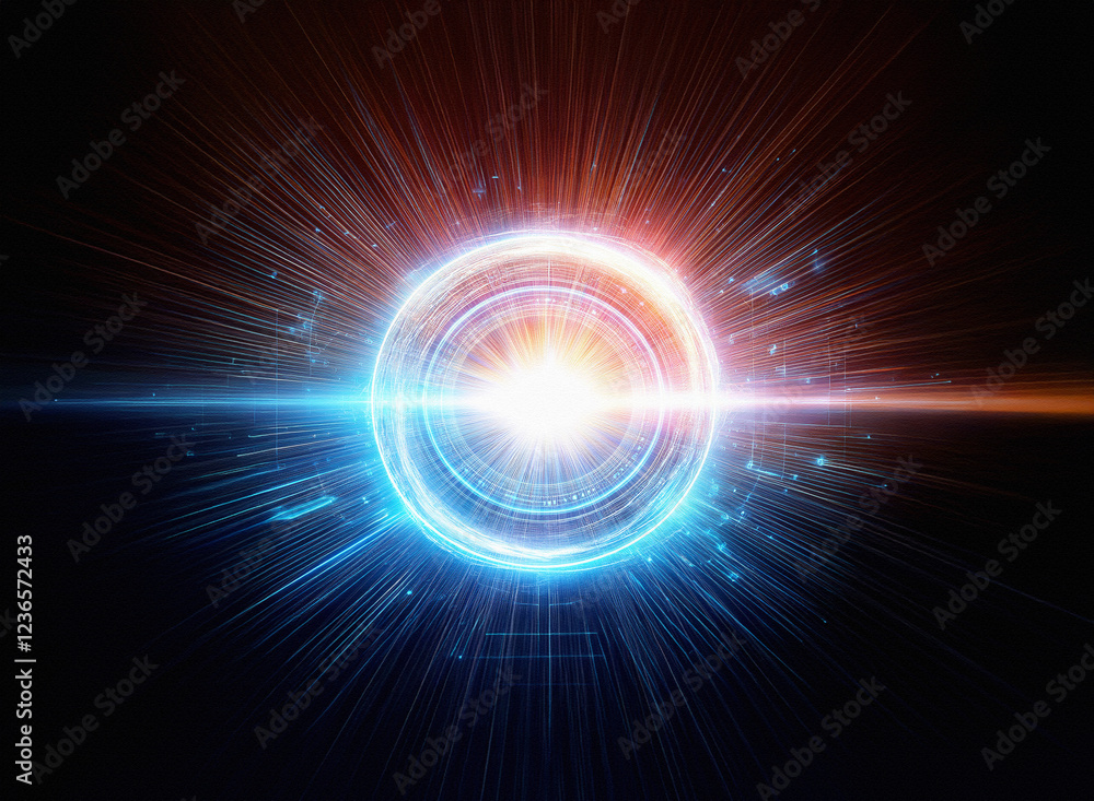Poster abstract sci-fi background featuring a vibrant double exposure of a glowing ring, radiating light an
