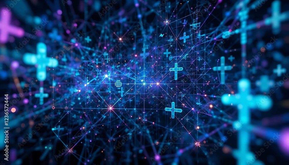 Poster abstract network: glowing plus symbols in a cosmic web