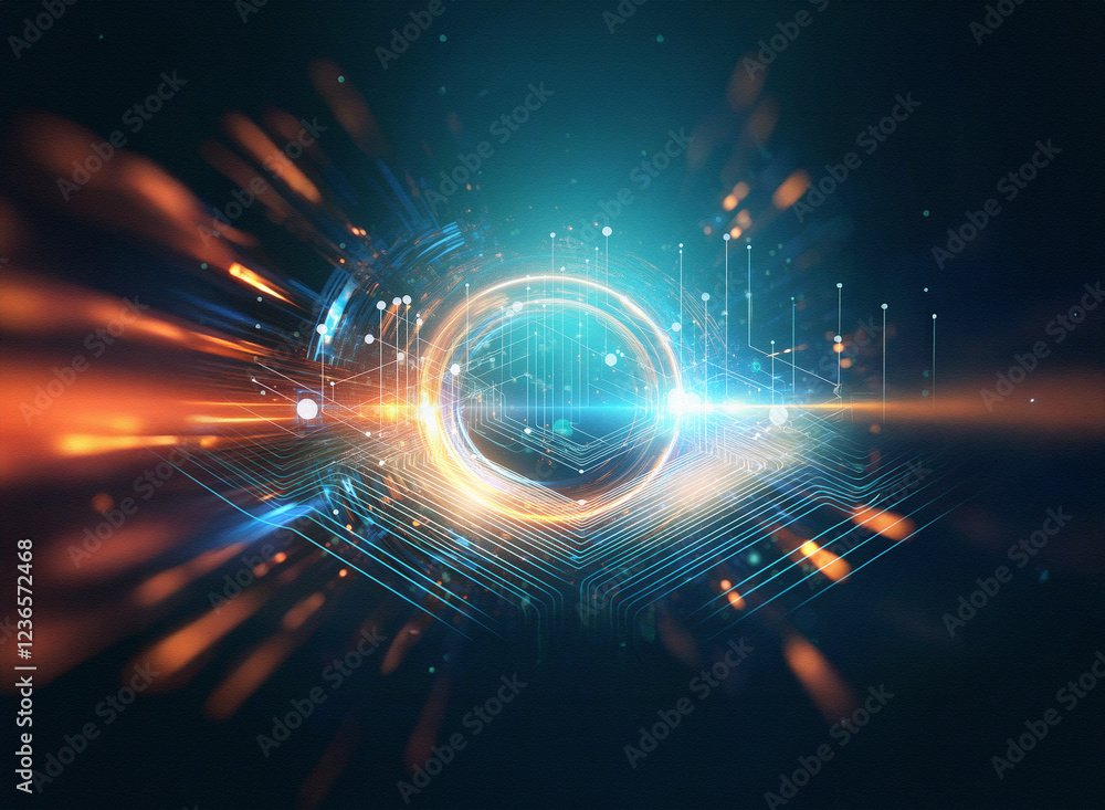 Poster Abstract sci-fi double exposure background image. Glowing ring floats above a circuit board, surrounded by streaks of light.  Energetic, futuristic digital art.
