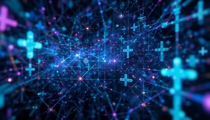 Obraz premium Abstract Network: Glowing Plus Symbols in a Cosmic Web