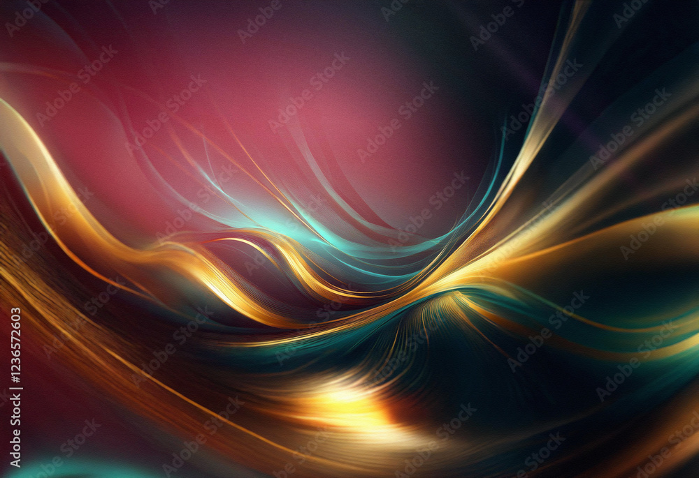 Poster abstract sci-fi background featuring a double exposure effect. flowing, luminous gold and teal lines