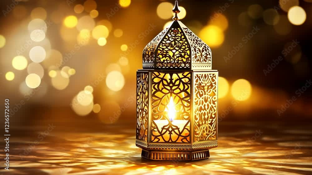 Poster decorative lantern casting warm light in an elegant setting with sparkling background and intricate 
